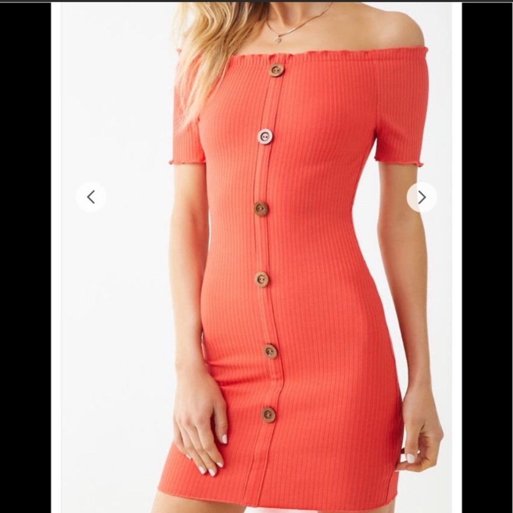 Orange ribbed off shoulder bodycon dress.